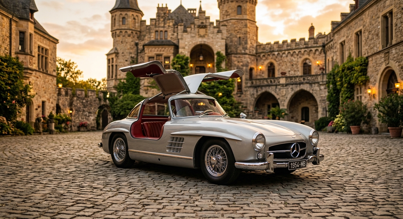 1954 Mercedes-Benz 300SL Gullwing classic car with iconic upward-opening doors in golden hour lighting