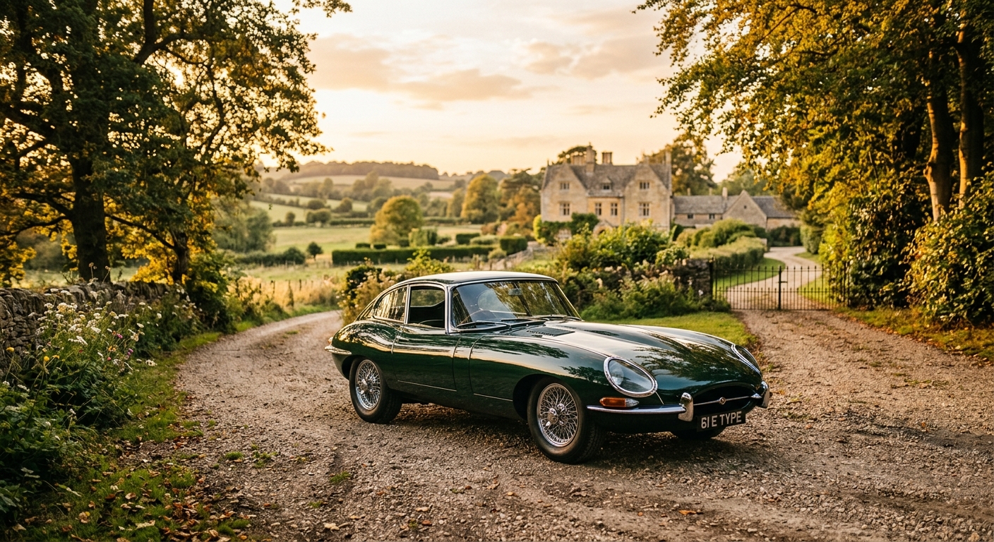 Classic 1961 Jaguar E-Type Series 1 coupe in British Racing Green parked on country estate driveway