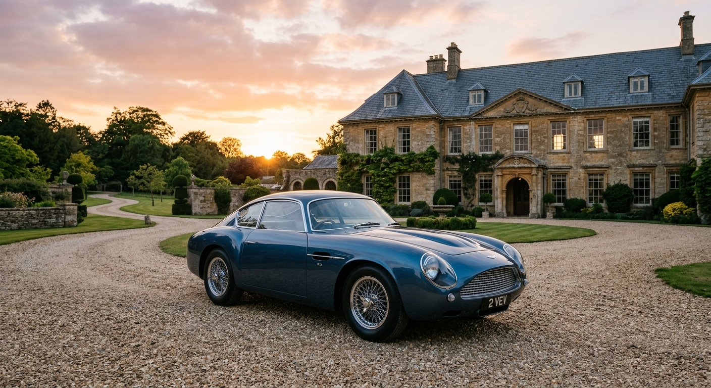 1962 Aston Martin DB4 GT Zagato classic sports car in golden hour lighting