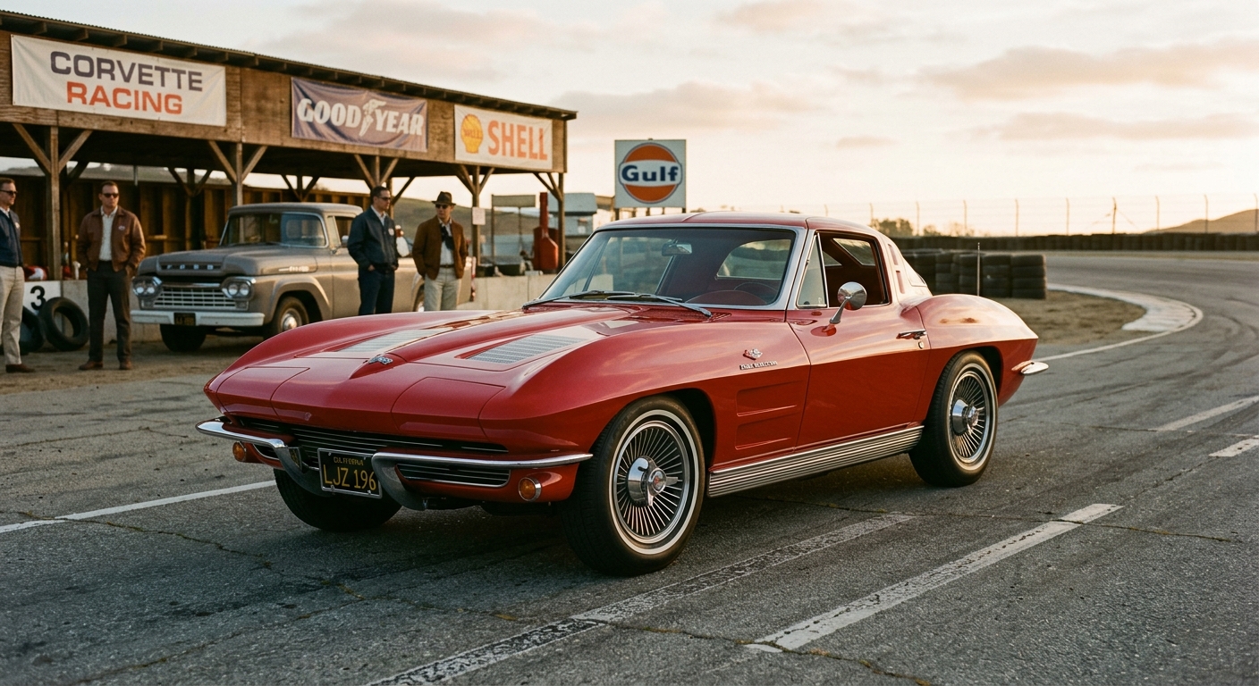 1963 Chevrolet Corvette Sting Ray split-window coupe in classic red, photographed during golden hour