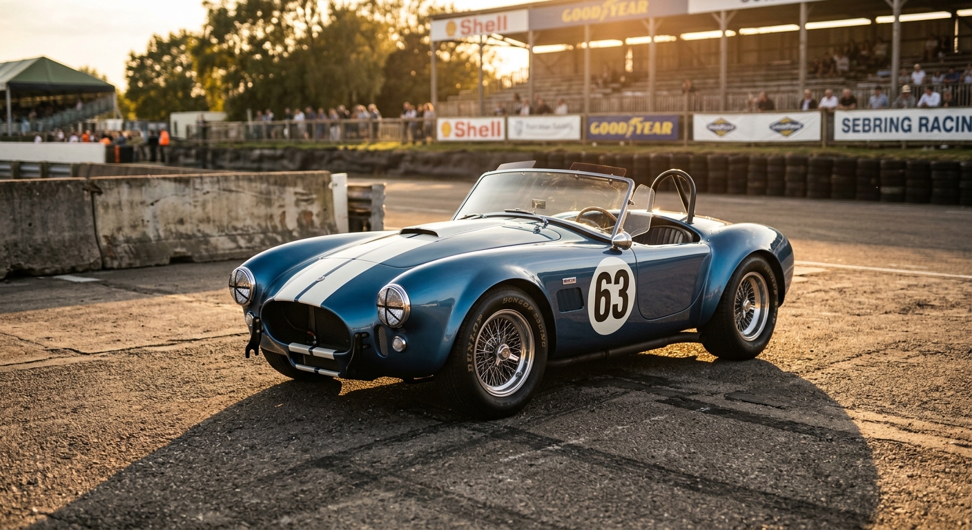 1963 Shelby Cobra 289 in racing blue with white stripes photographed during golden hour at a classic racing circuit