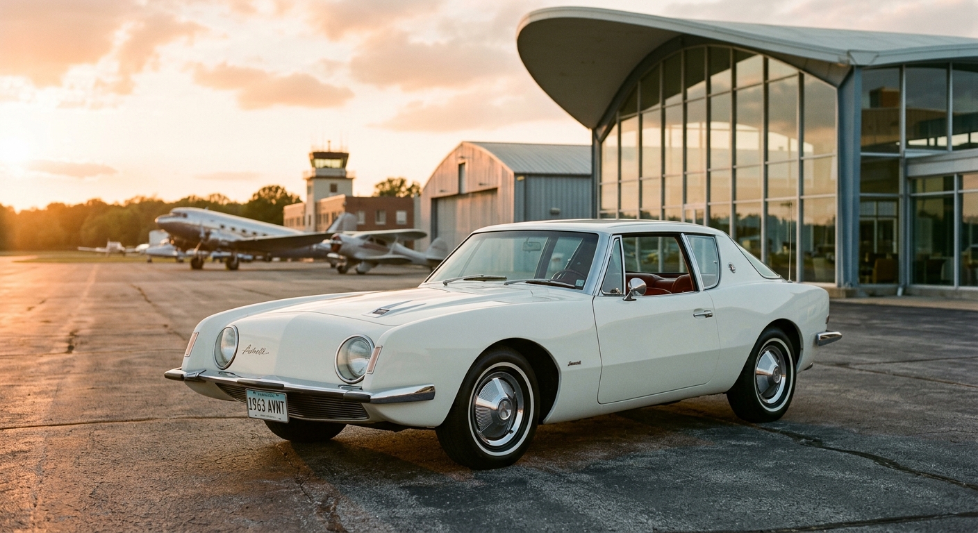 1963 Studebaker Avanti classic fiberglass sports coupe photographed in warm golden hour lighting