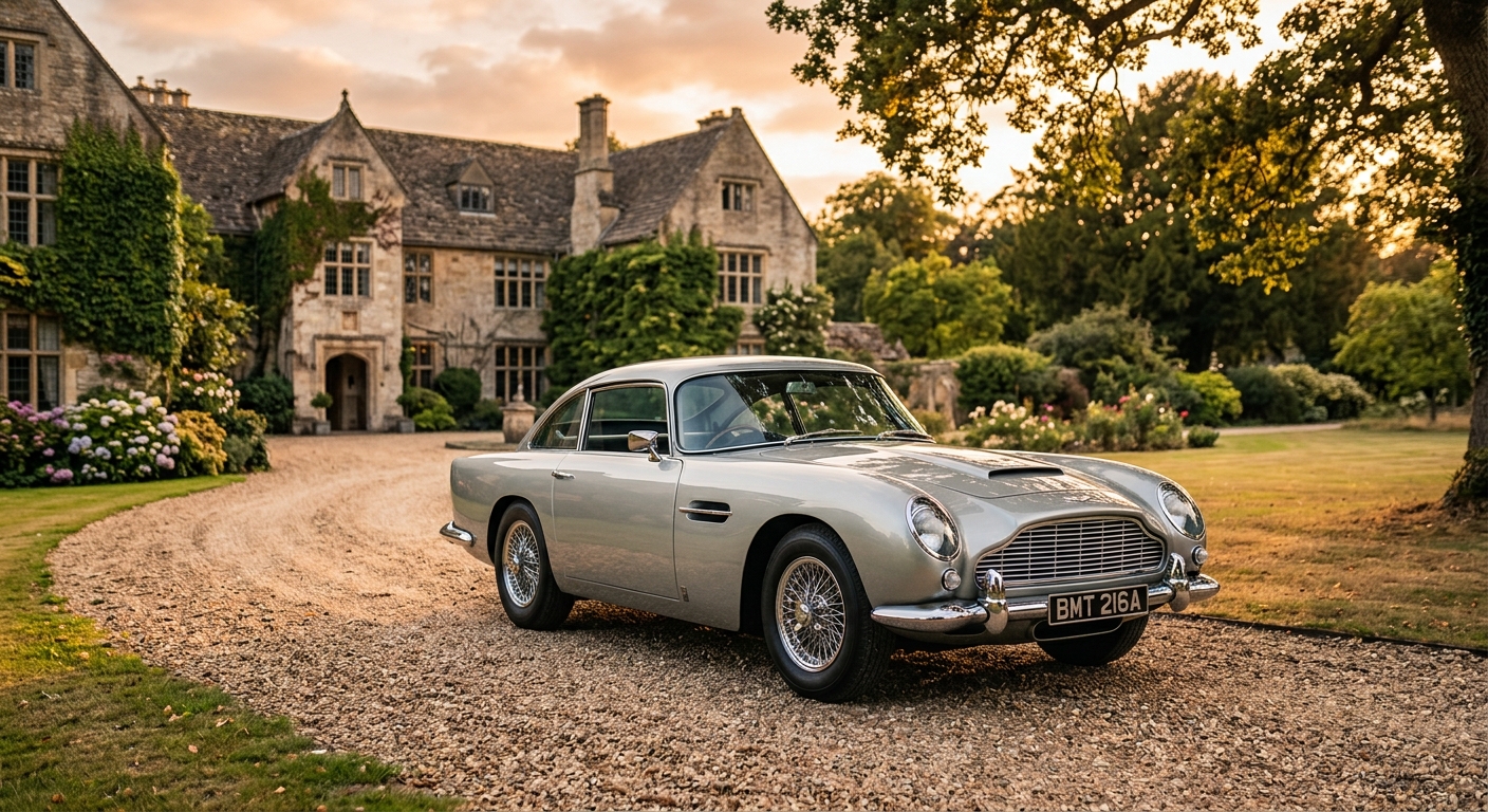 1964 Aston Martin DB5 classic British grand tourer in silver parked in golden hour light