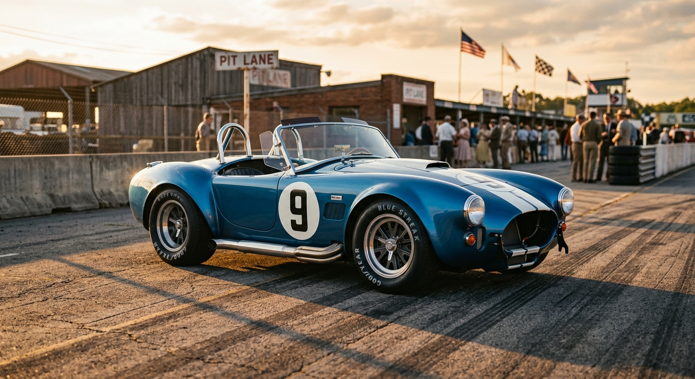 1965 Cobra 427 SC muscle car in golden hour lighting at race track