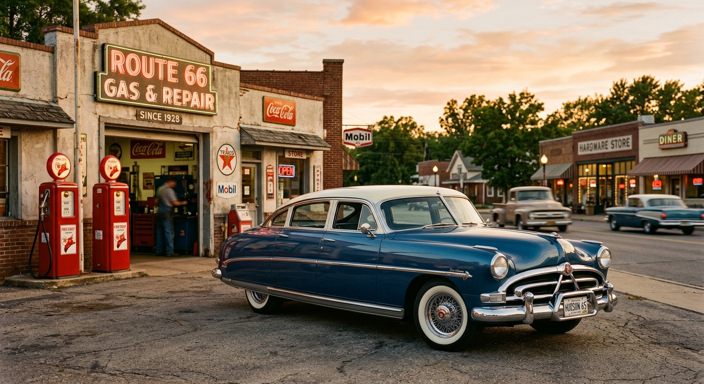 1965 Hudson Hornet muscle car in classic two-tone paint parked in golden hour lighting with vintage racing stripes