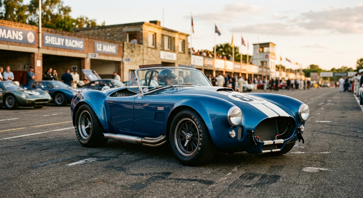 1965 Shelby Cobra 427 classic sports car in golden hour lighting at vintage racing circuit
