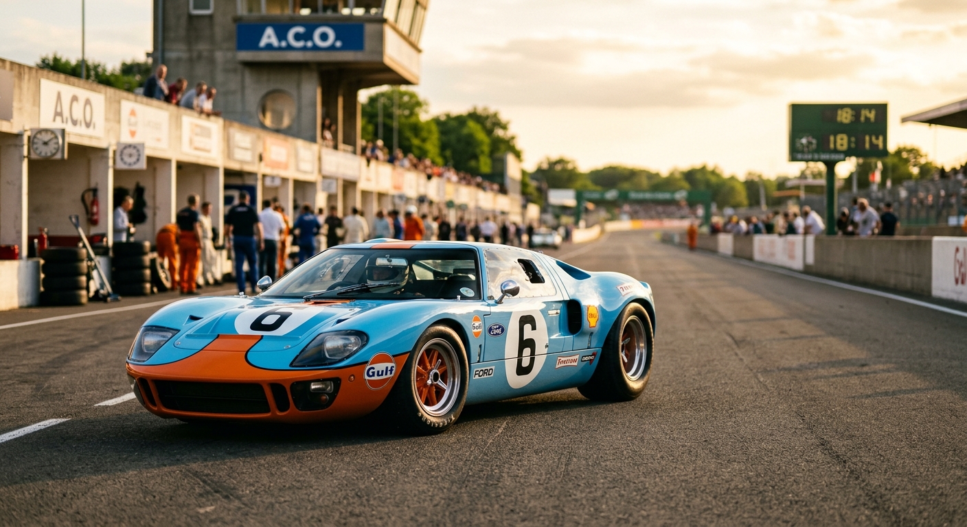 1966 Ford GT40 classic race car in Gulf Racing blue and orange livery during golden hour