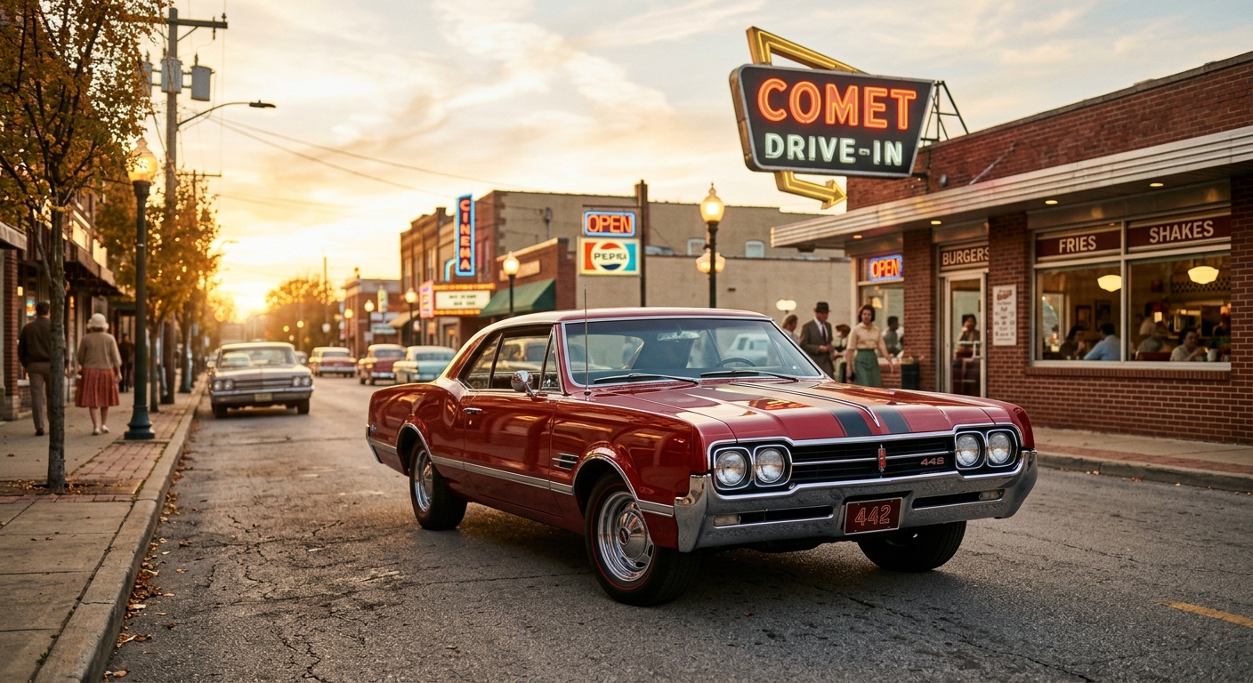 1966 Oldsmobile 442 muscle car in golden hour lighting at classic American location