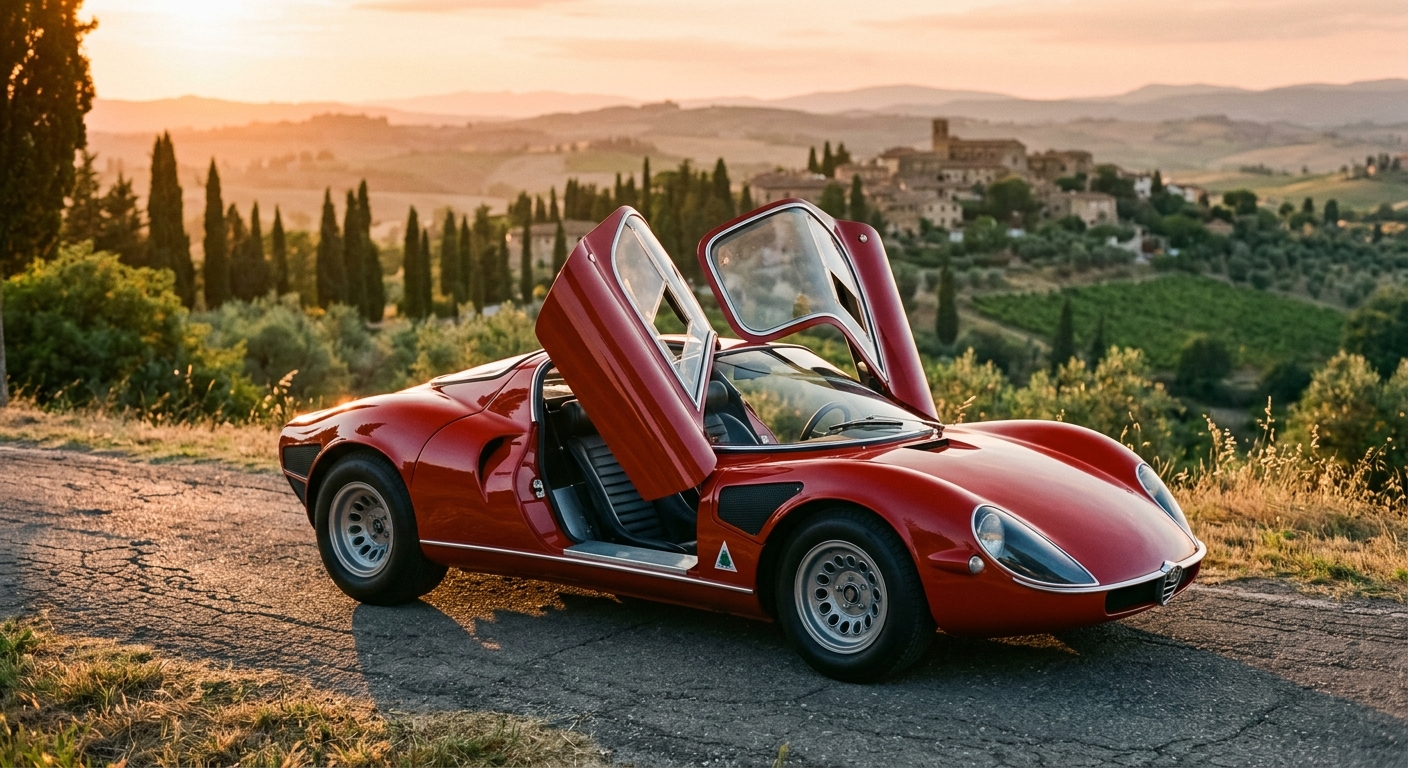 1967 Alfa Romeo 33 Stradale classic Italian supercar in red with distinctive butterfly doors and sculptural bodywork