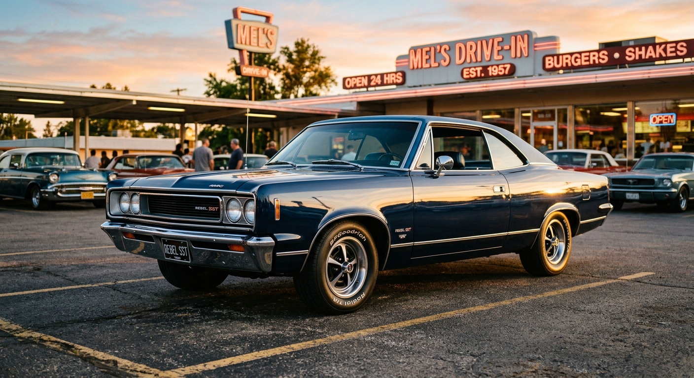 1967 AMC Rebel SST muscle car photographed in golden hour lighting at a vintage American drive-in