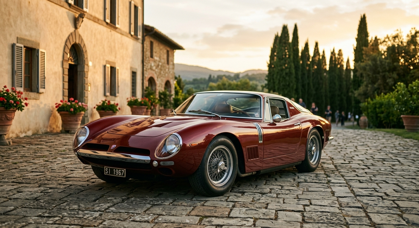 1967 Bizzarrini 5300 GT Strada classic Italian supercar in golden hour lighting