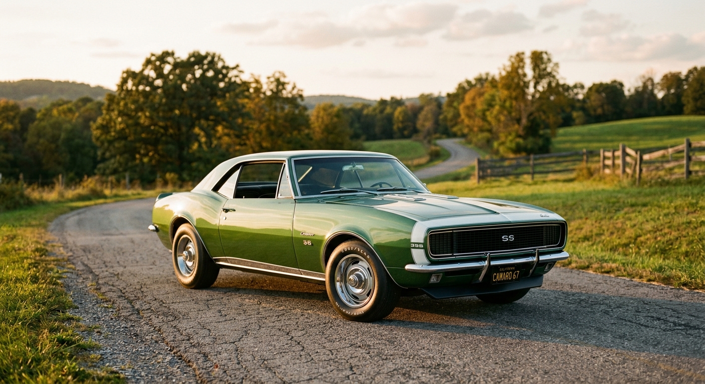 1967 Chevrolet Camaro SS 396 in Rally Green with white racing stripes, photographed during golden hour at sunset