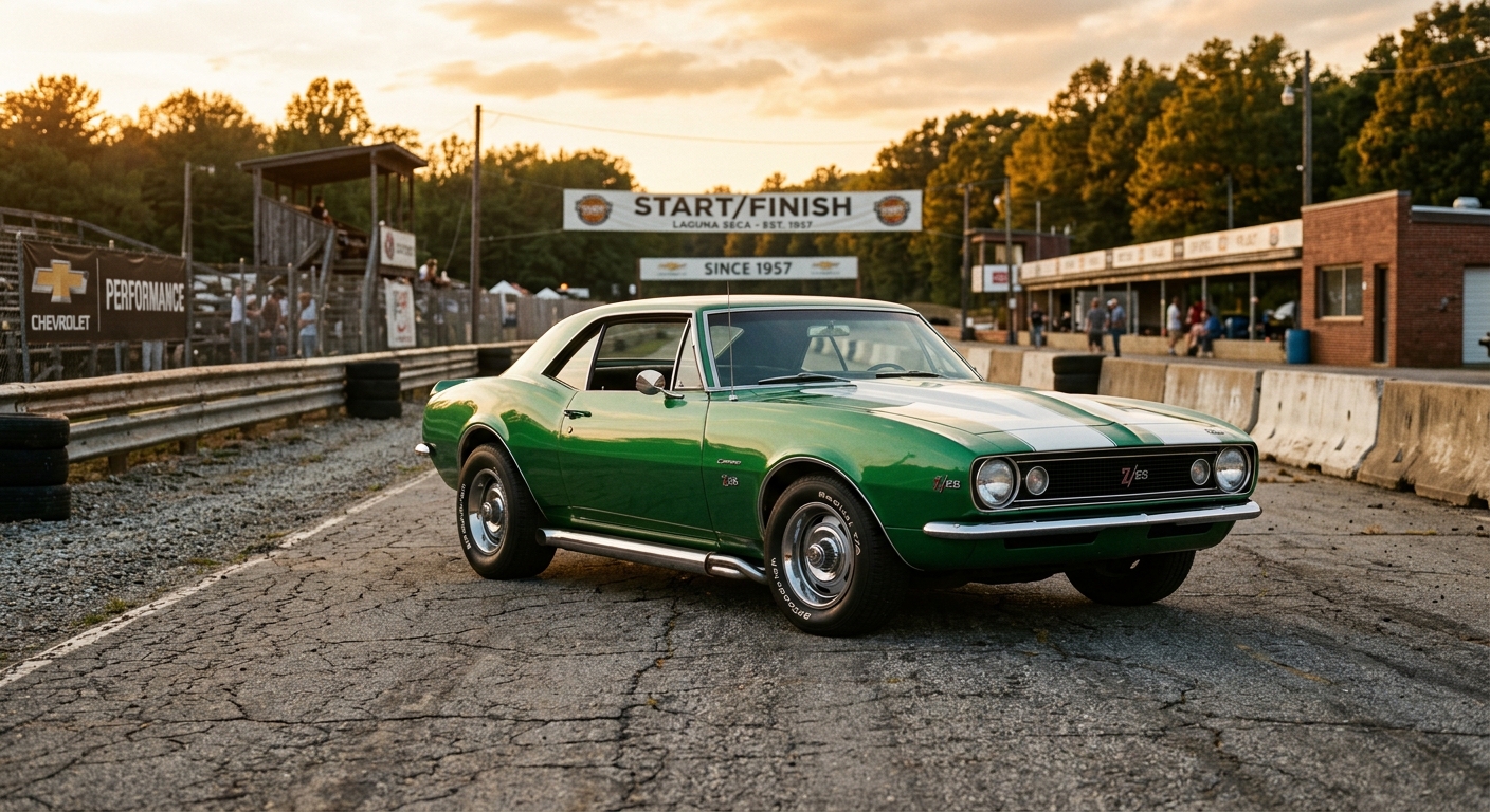 1967 Chevrolet Camaro Z/28 in Rally Green with white racing stripes in golden hour lighting