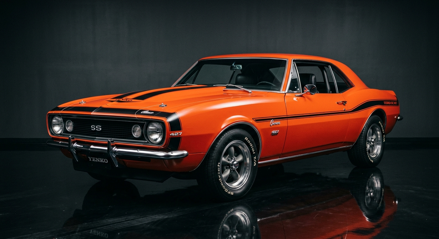 1967 Chevrolet Yenko Camaro SC/427 muscle car in dramatic studio lighting with dark background