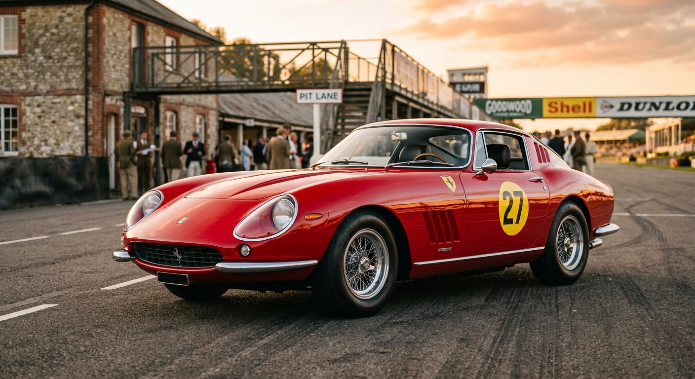 1967 Ferrari 275 GTB/4 classic sports car in golden hour lighting at vintage racing circuit
