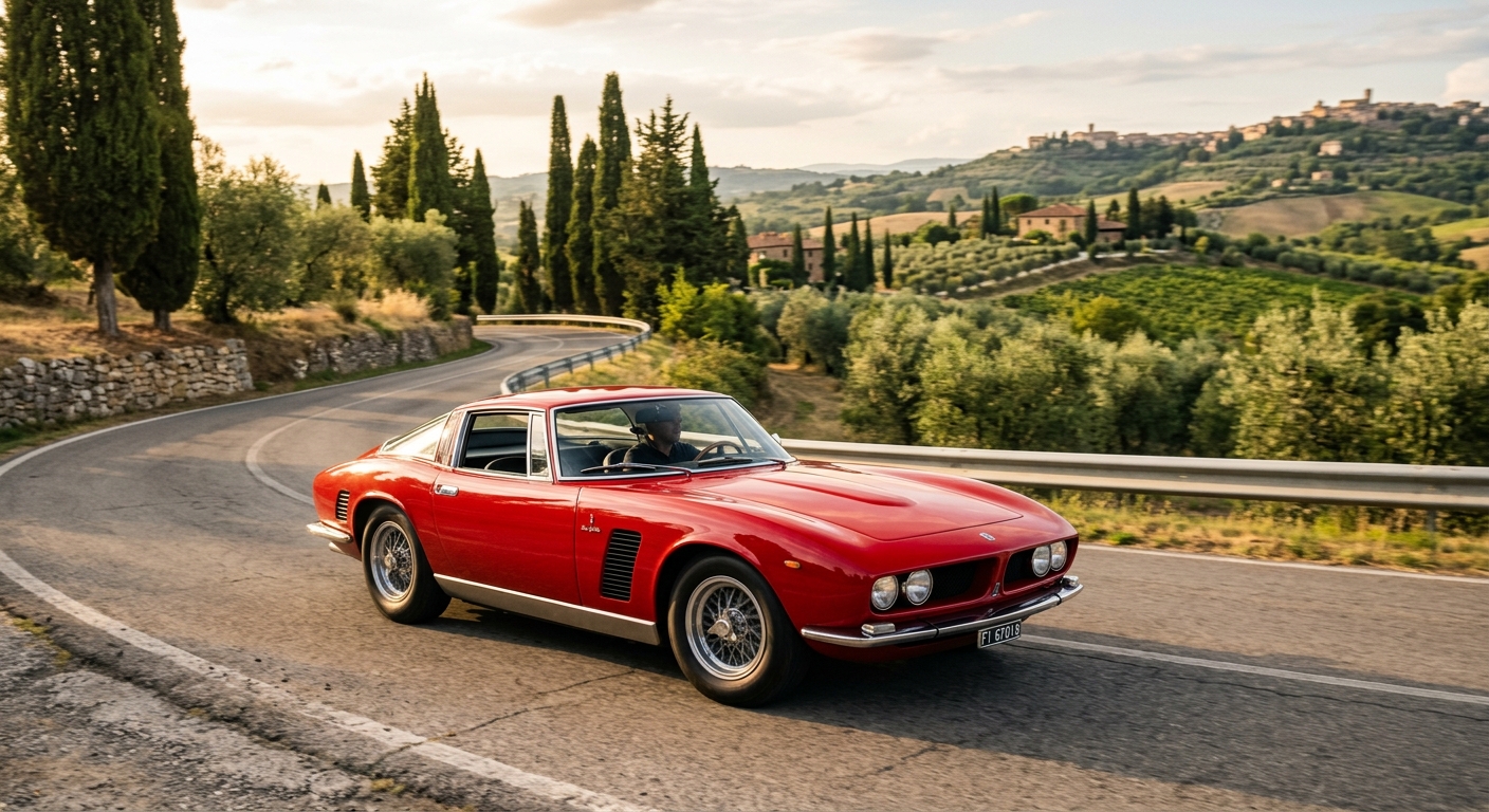 1967 Iso Grifo GL classic Italian sports car in red with distinctive front grille and aggressive stance
