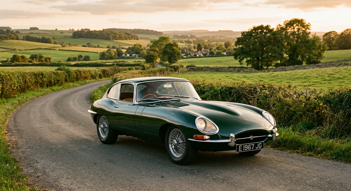 1967 Jaguar E-Type Series 1 4.2 coupe in British Racing Green photographed in golden hour light at countryside location