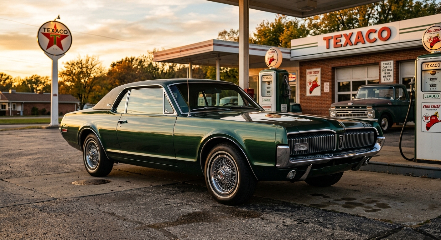 1967 Mercury Cougar XR-7 muscle car in golden hour lighting at vintage gas station