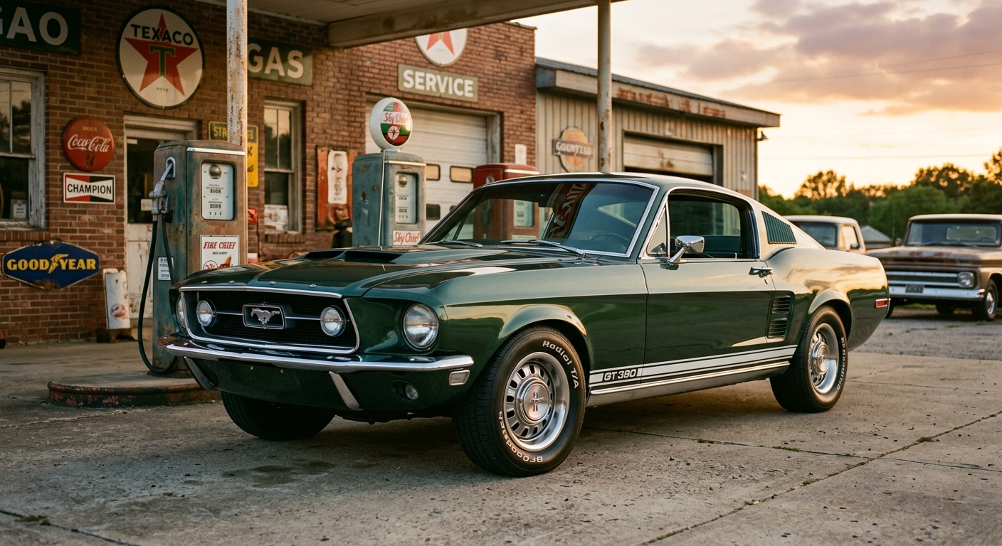 1967 Ford Mustang Fastback GT 390 in Highland Green photographed during golden hour at a vintage gas station