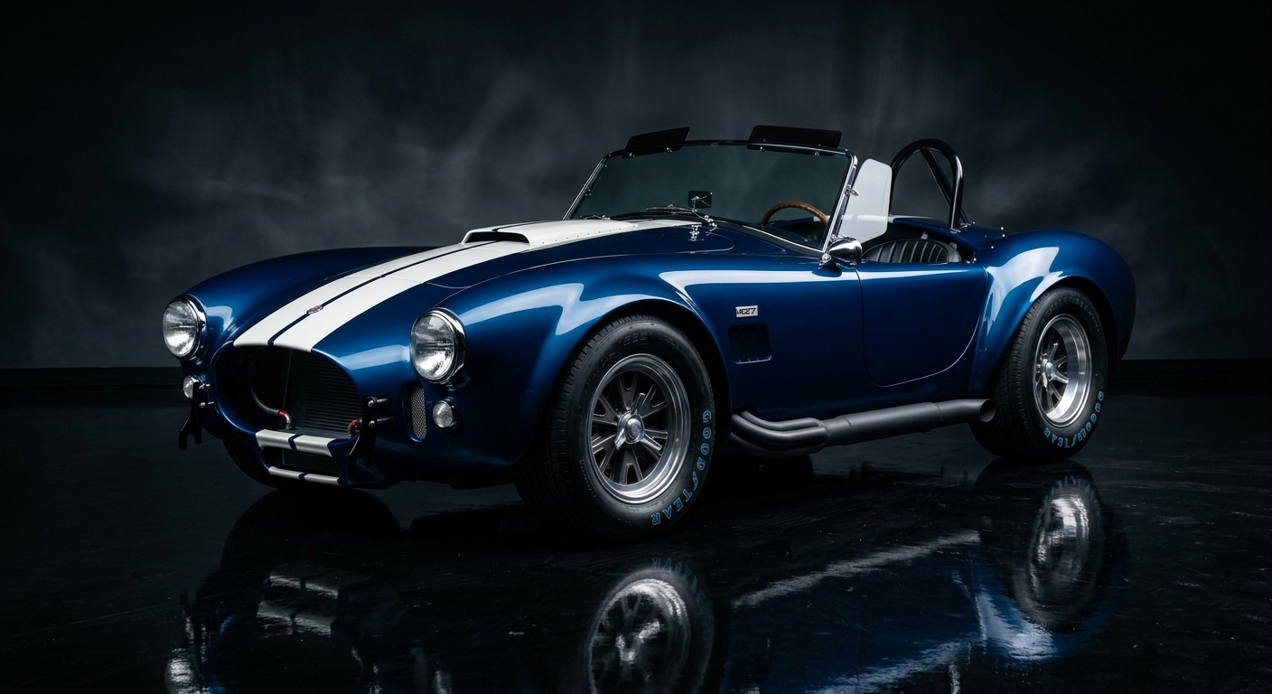 1967 Shelby Cobra 427 S/C muscle car in dramatic studio lighting with dark background