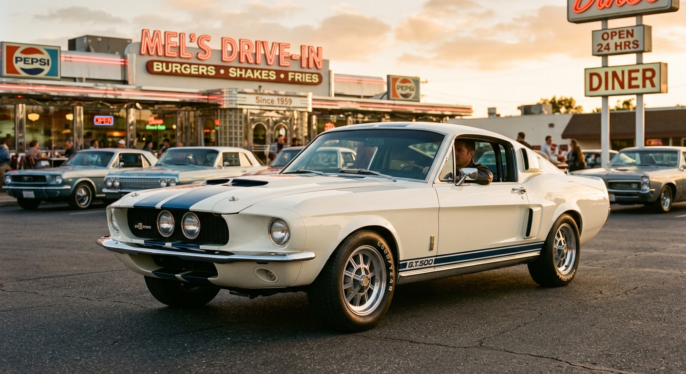 1967 Shelby GT500 muscle car in Wimbledon White with blue racing stripes parked in golden sunset light