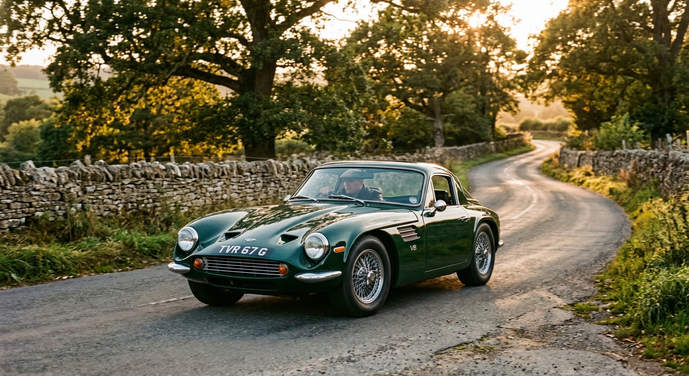 1967 TVR Tuscan V8 classic British sports car in warm golden hour lighting on country road