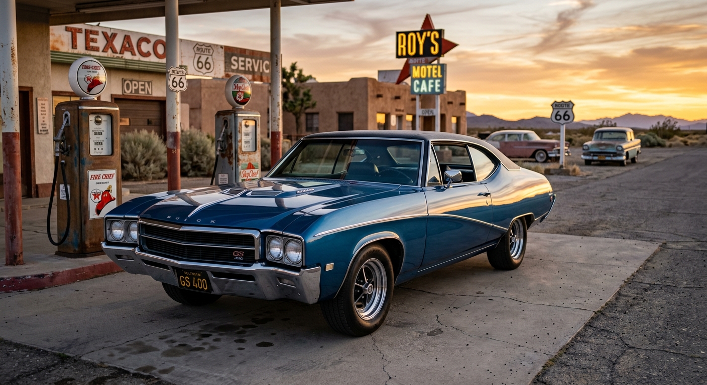 1968 Buick GS 400 muscle car in golden hour lighting at vintage gas station