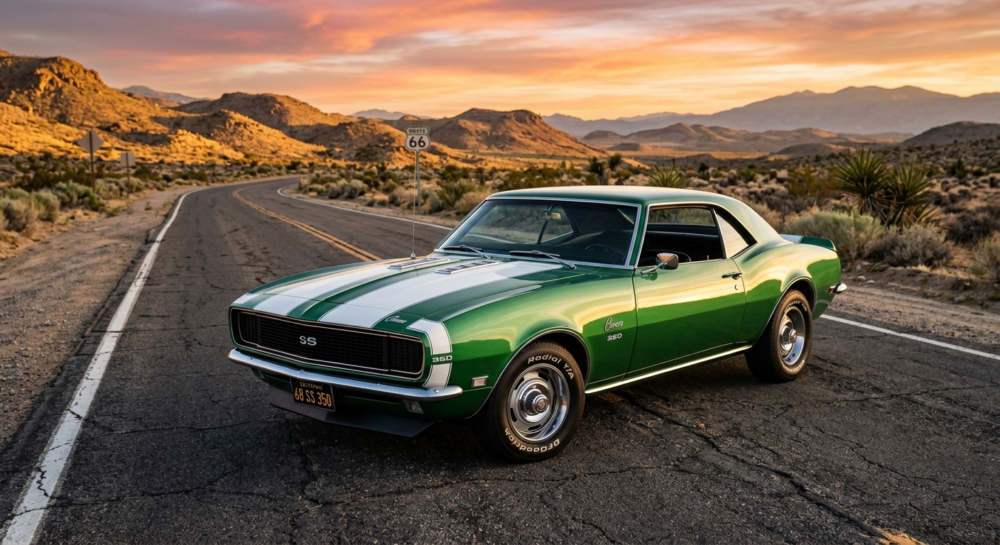 1968 Chevrolet Camaro SS 350 in Rally Green with white racing stripes photographed in golden hour light