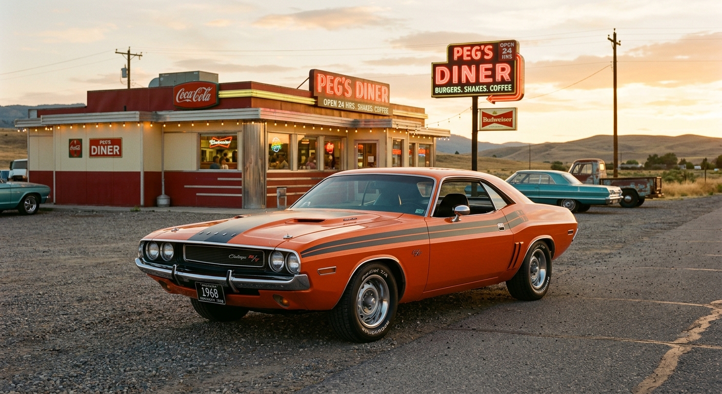 1968 Dodge Challenger R/T muscle car in golden hour lighting at classic American diner