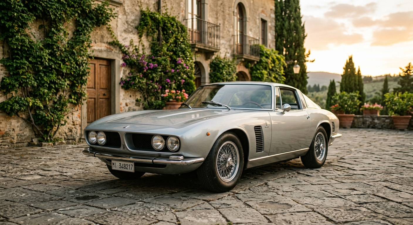 1968 Iso Grifo A3/L classic Italian sports car with American V8 engine photographed in golden hour lighting