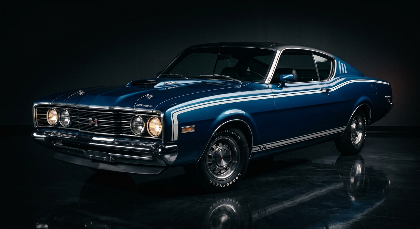 1968 Mercury Cyclone GT muscle car in dramatic studio lighting with dark background