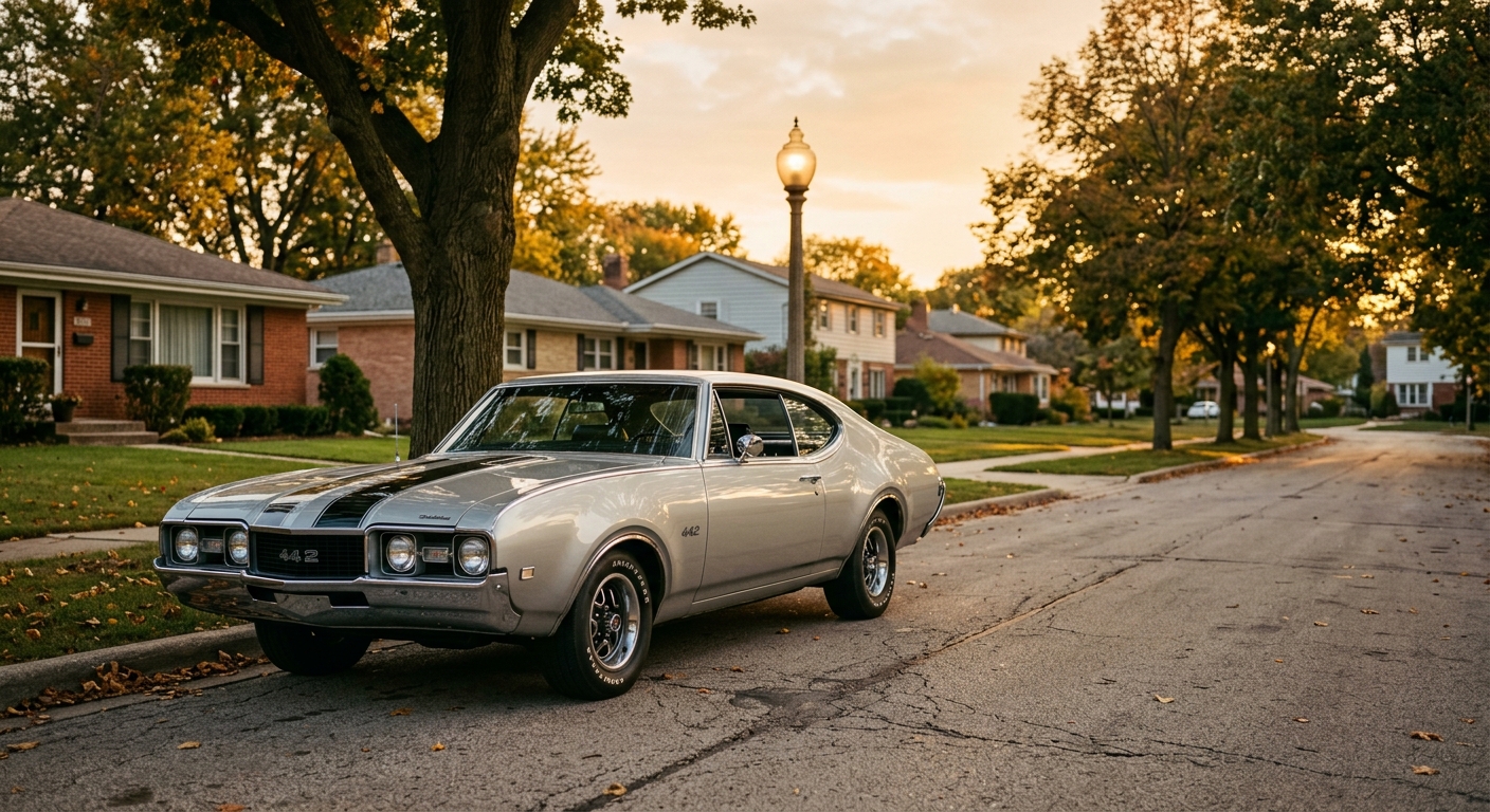 1968 Oldsmobile Cutlass 442 muscle car in classic outdoor setting during golden hour
