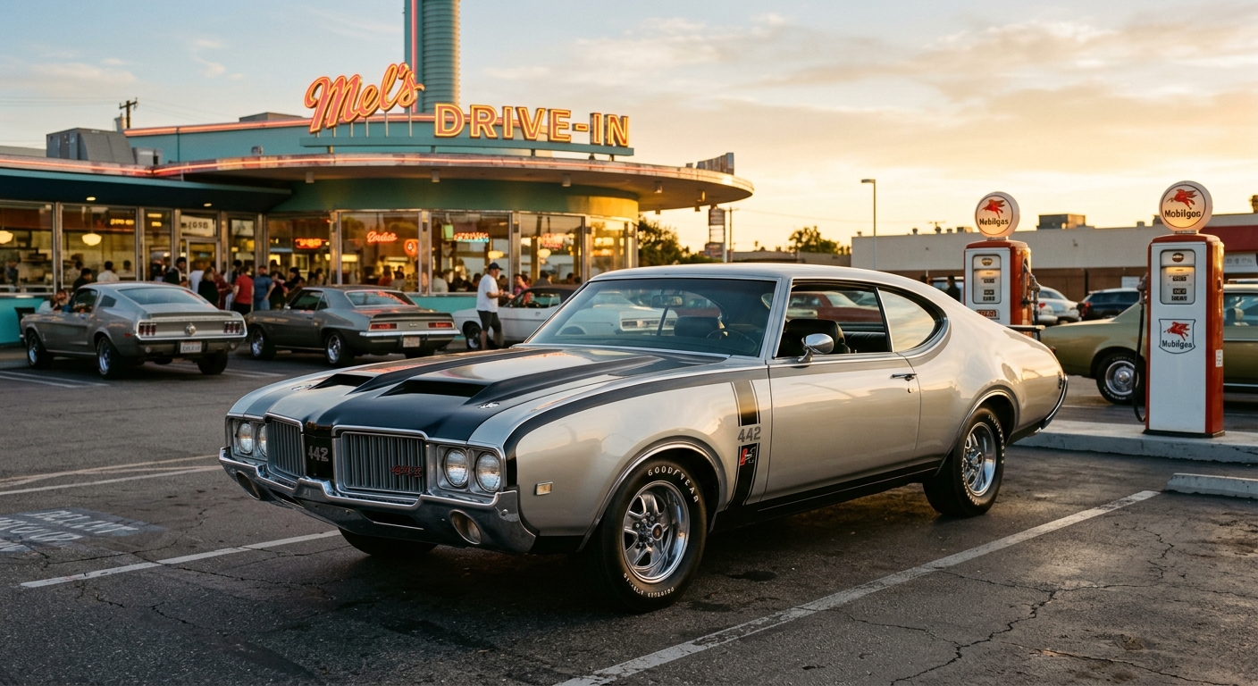 1968 Oldsmobile Hurst/Olds 442 muscle car in silver and black paint scheme photographed during golden hour