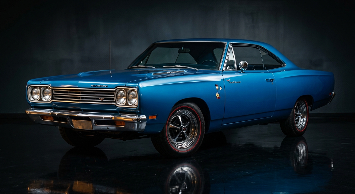 1968 Plymouth Road Runner 383 muscle car in dramatic low-key studio lighting with reflective floor
