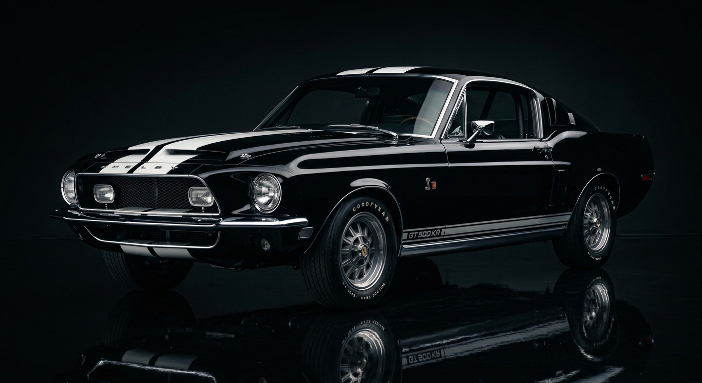 1968 Shelby GT500 KR muscle car in dramatic studio lighting with dark background and reflective floor
