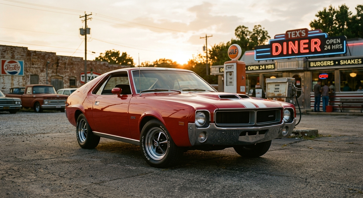 1969 AMC AMX muscle car in red finish photographed during golden hour at a classic automotive setting