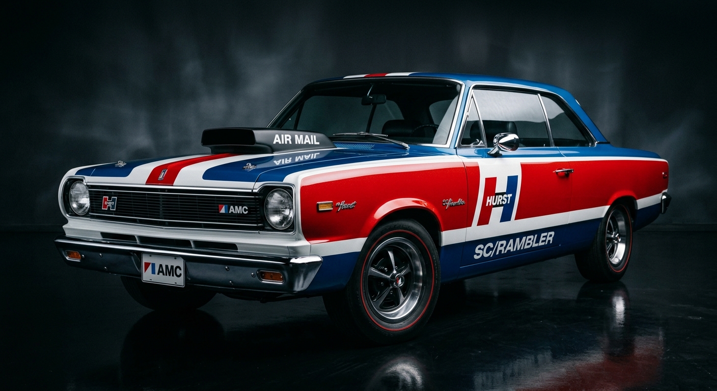 1969 AMC Hurst SC/Rambler muscle car in patriotic red white and blue paint scheme photographed in dramatic studio lighting