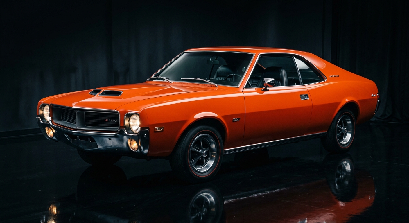 1969 AMC Javelin SST 390 muscle car in dramatic studio lighting showing its distinctive fastback profile and aggressive stance
