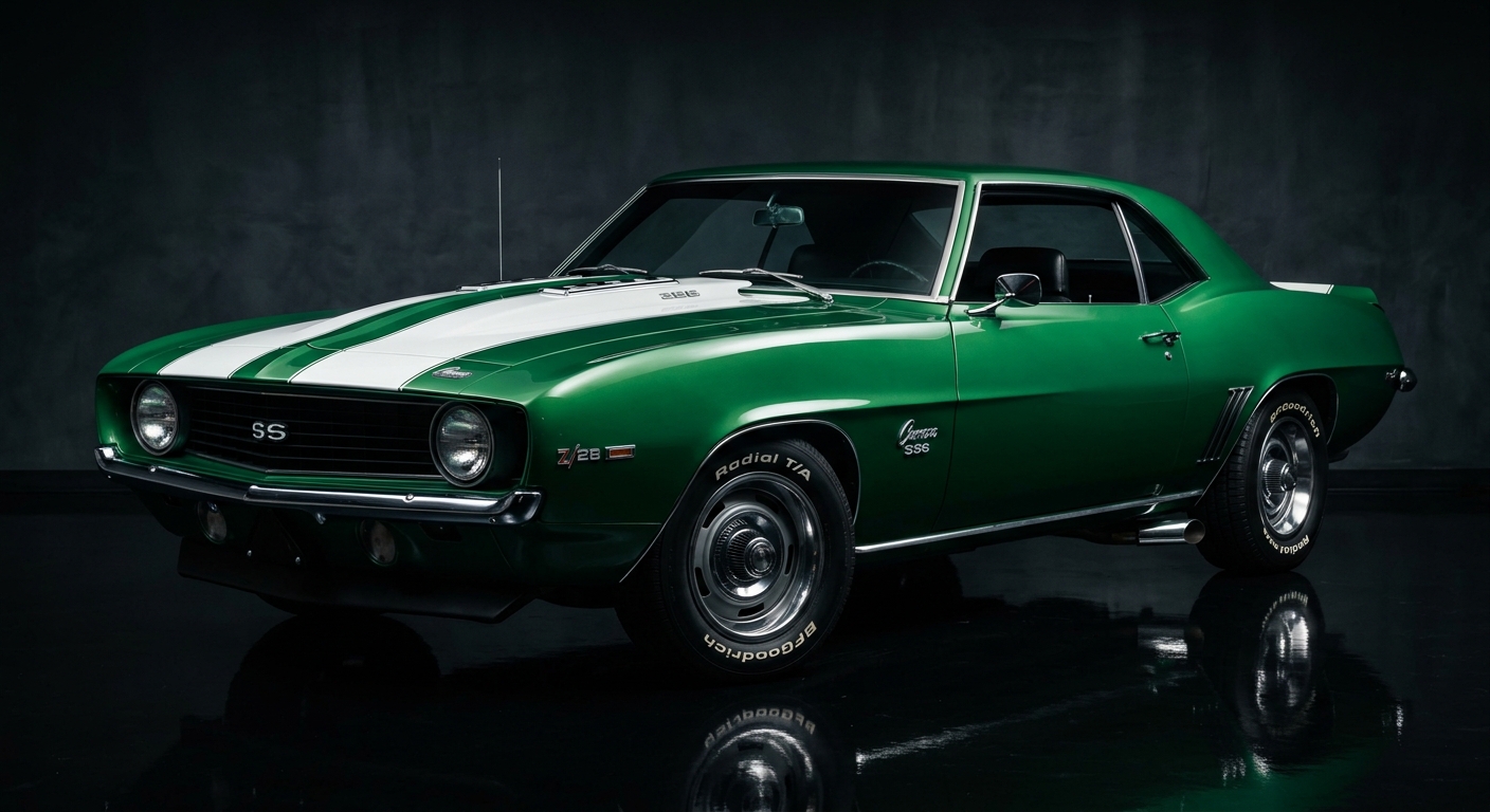 1969 Chevrolet Camaro SS 396 muscle car in dramatic studio lighting with dark background and reflective floor