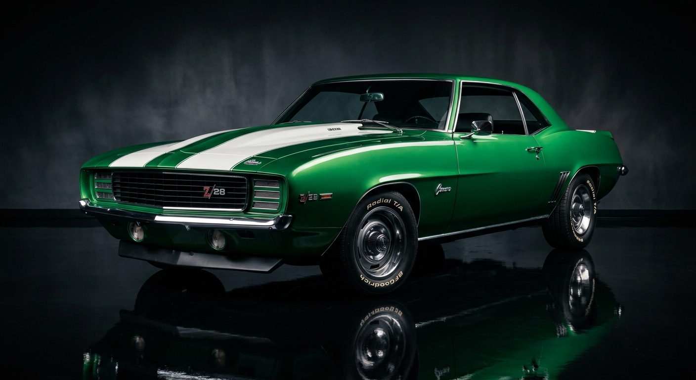 1969 Chevrolet Camaro Z/28 in classic muscle car studio setting with dramatic lighting and reflective floor
