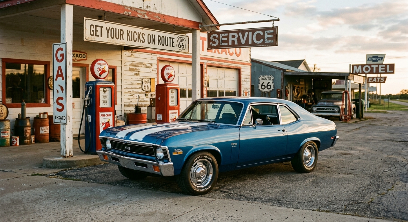 1969 Chevrolet Nova SS 396 muscle car photographed in golden hour lighting at vintage gas station