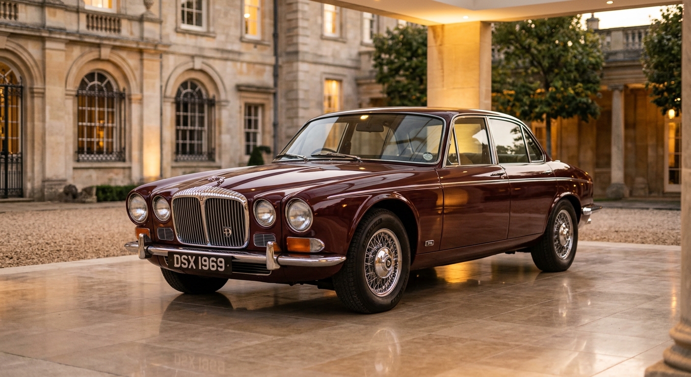 1969 Daimler Double-Six luxury sedan in elegant studio lighting showcasing British automotive craftsmanship