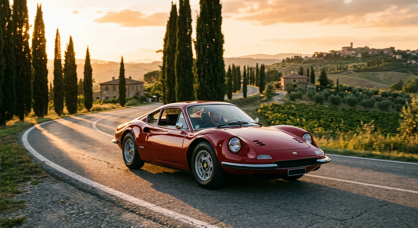 1969 Dino 246 GT classic Italian sports car in golden sunset light
