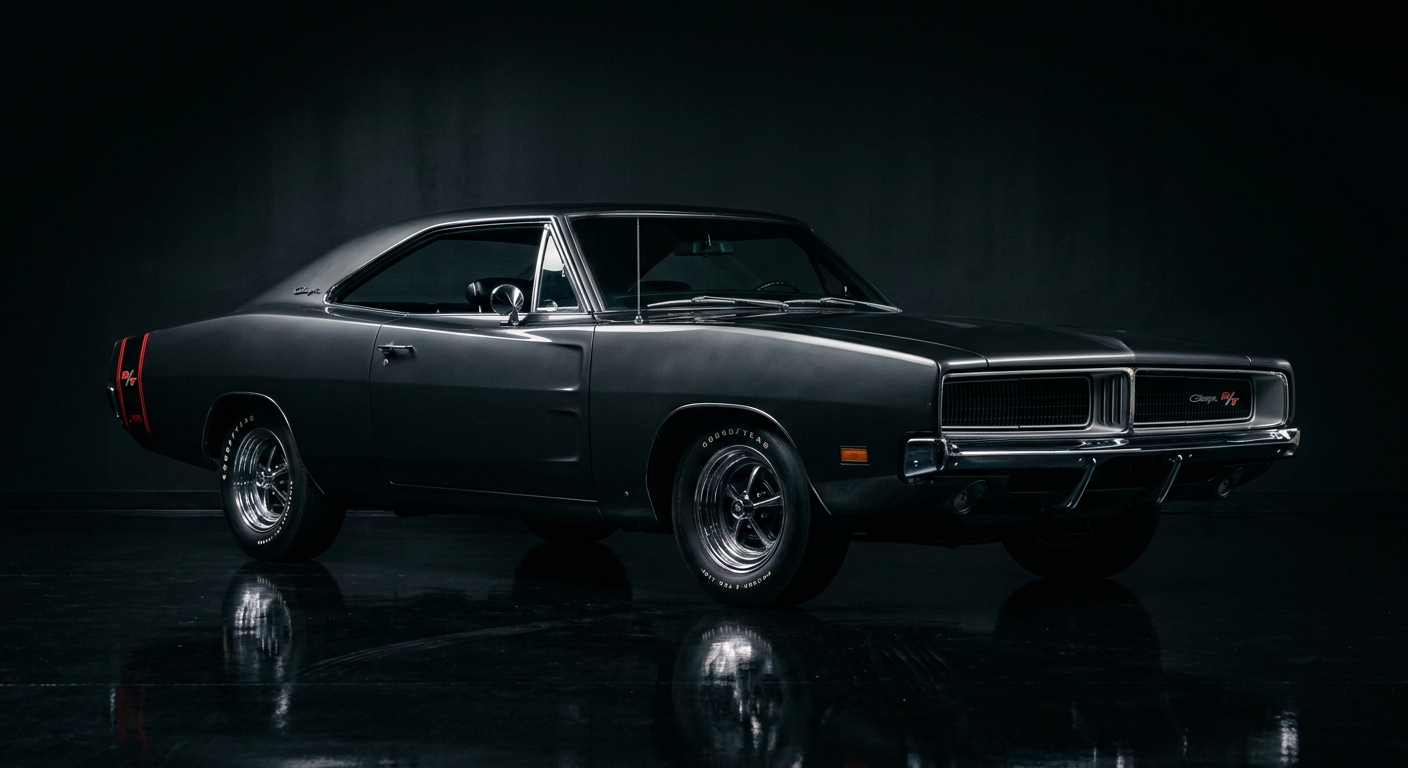1969 Dodge Charger R/T in dramatic studio lighting showing classic muscle car proportions