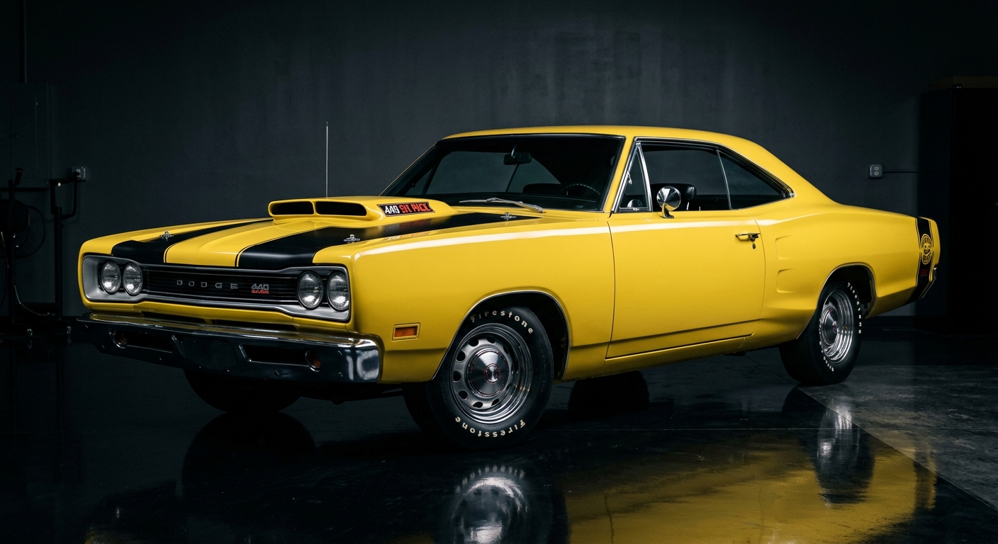 1969 Dodge Super Bee 440 Six Pack muscle car in dramatic studio lighting with dark background