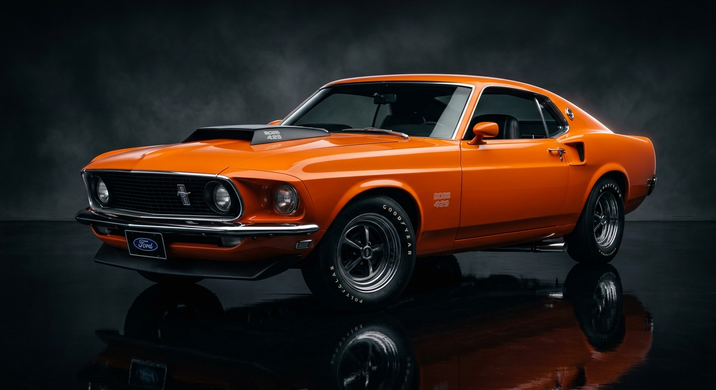 1969 Ford Mustang Boss 429 muscle car in dramatic studio lighting with dark background
