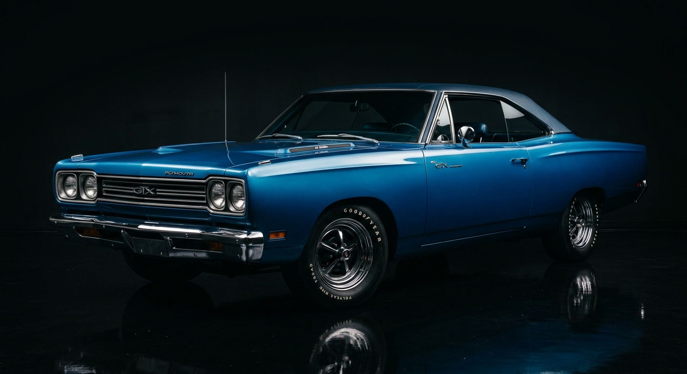 1969 Plymouth GTX 440 muscle car in dramatic studio lighting showing its aggressive front end and classic proportions
