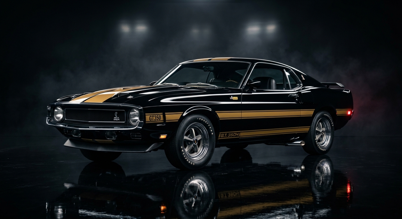1969 Shelby GT350 H muscle car in classic black and gold racing livery photographed in dramatic studio lighting