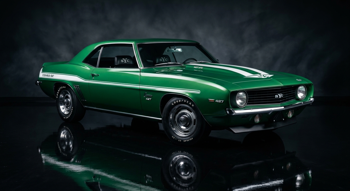 1969 Yenko Camaro SC 427 in Rallye Green with white racing stripes in dramatic studio lighting