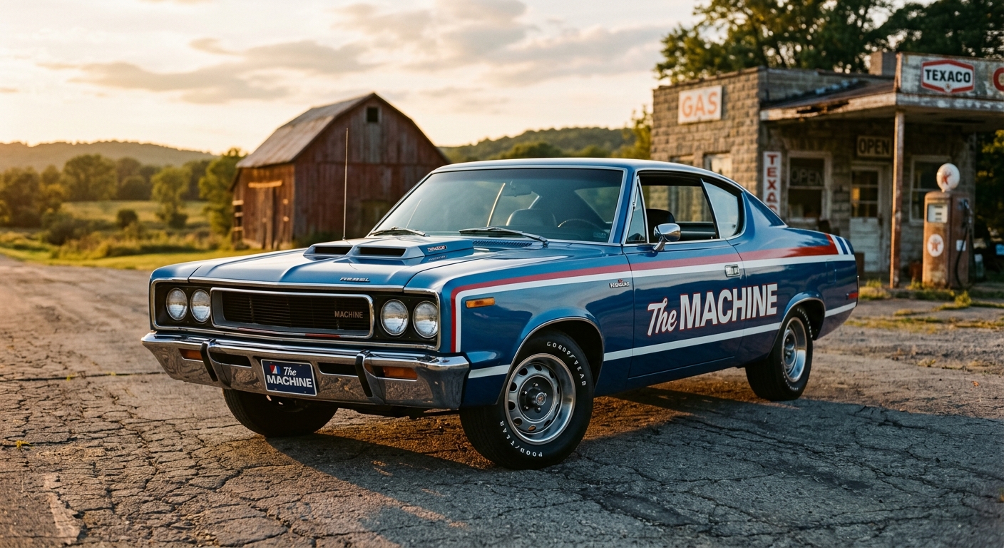 1970 AMC Rebel Machine muscle car in red white and blue patriotic paint scheme in golden hour lighting